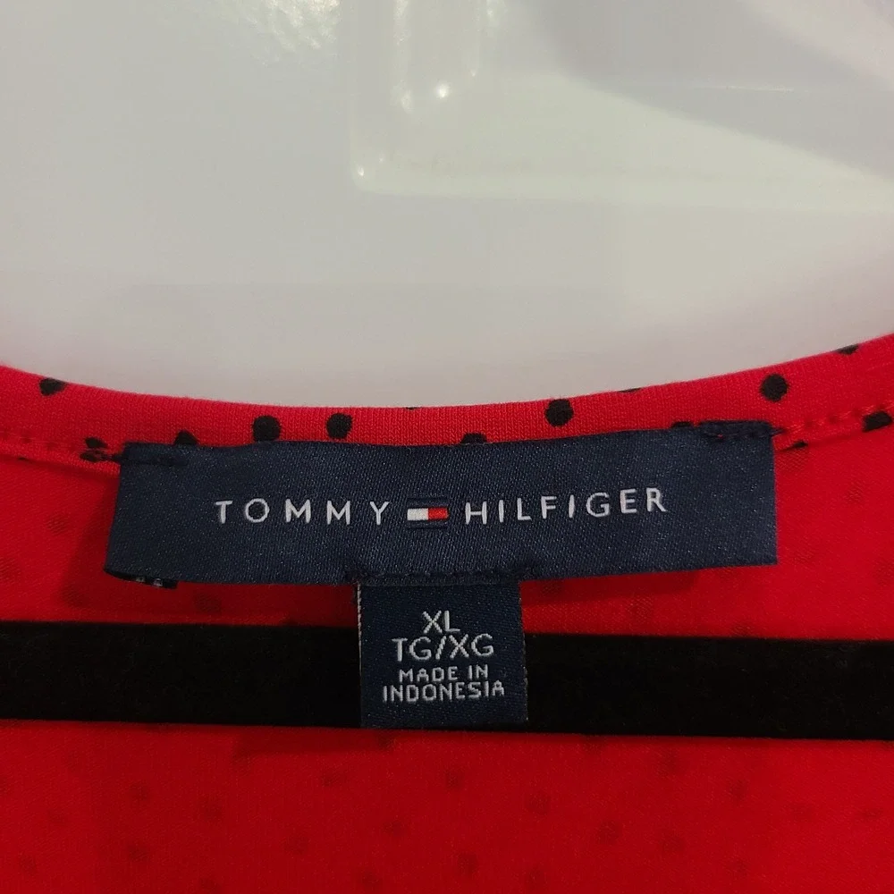 Tommy Hilfiger Red Polka Dot Jersey Dress XL Short Sleeve J2DDR611 A-Line Midi